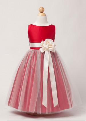 Vintage Satin Tulle Tea Length Flower Girl Dress With Flower Sash
